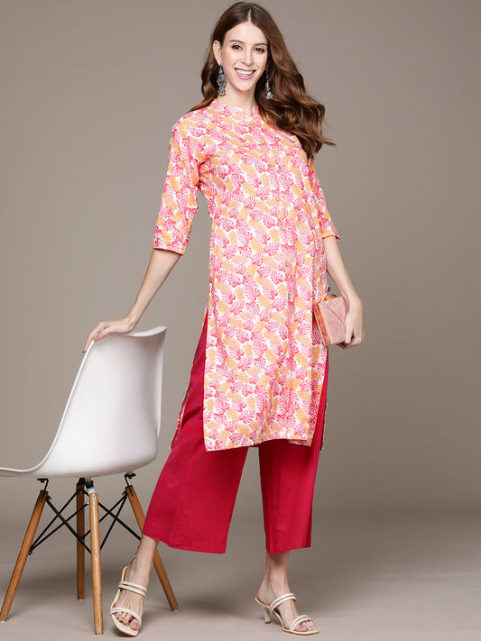 Women's Pink Tropical Printed Kurta