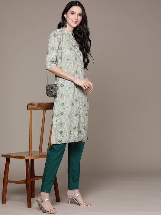 Women's Sage Green Floral Printed Kurta