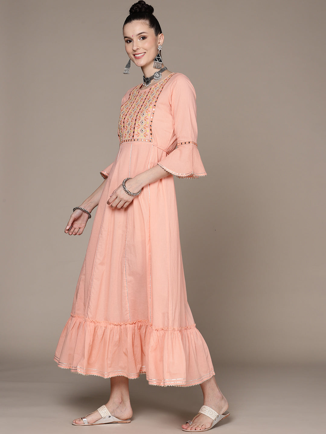 Women's Peach Cotton Embroidered A-Line Dress