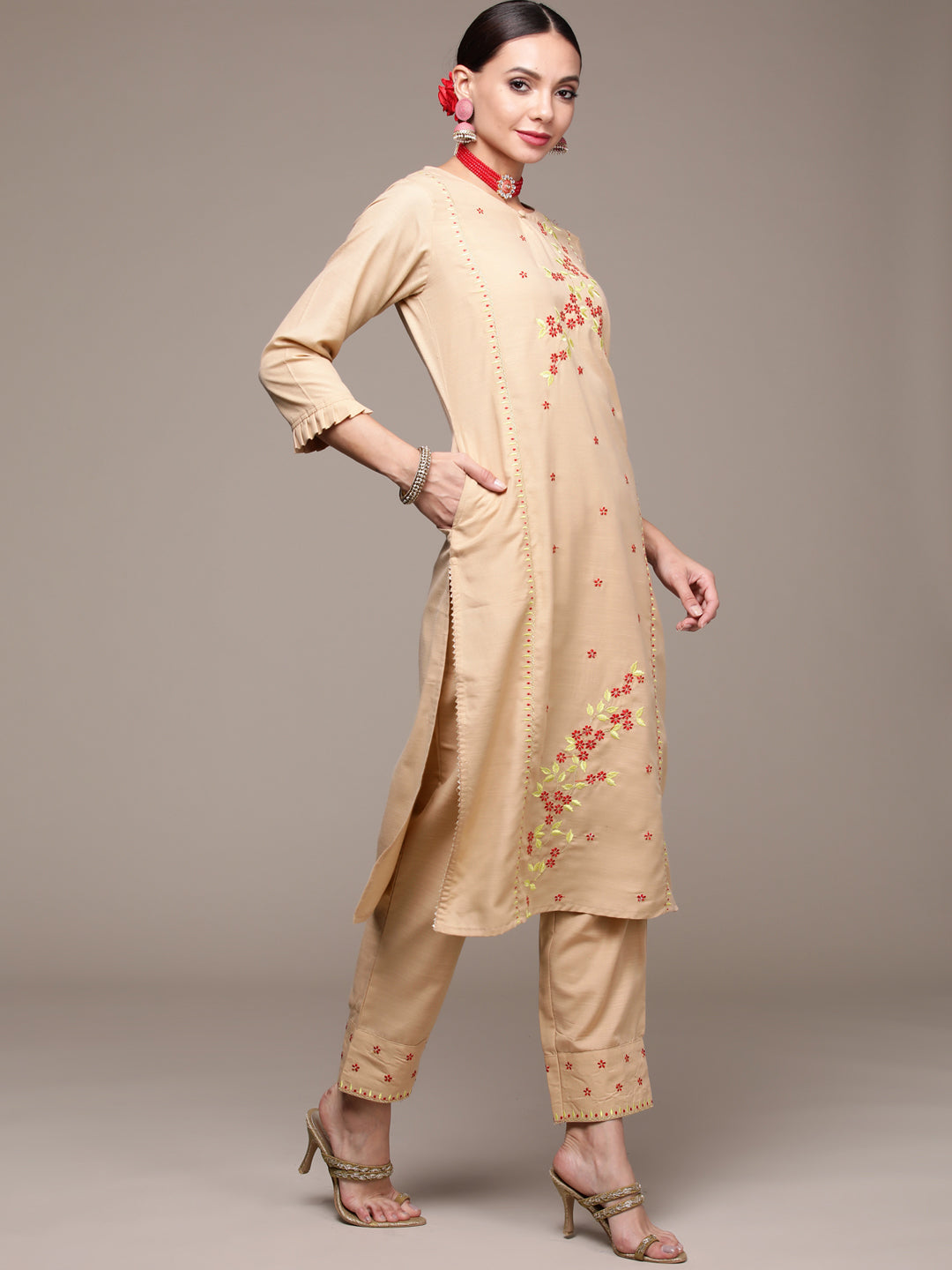 Women's Beige Embroidered Kurta Set with Trousers and Dupatta
