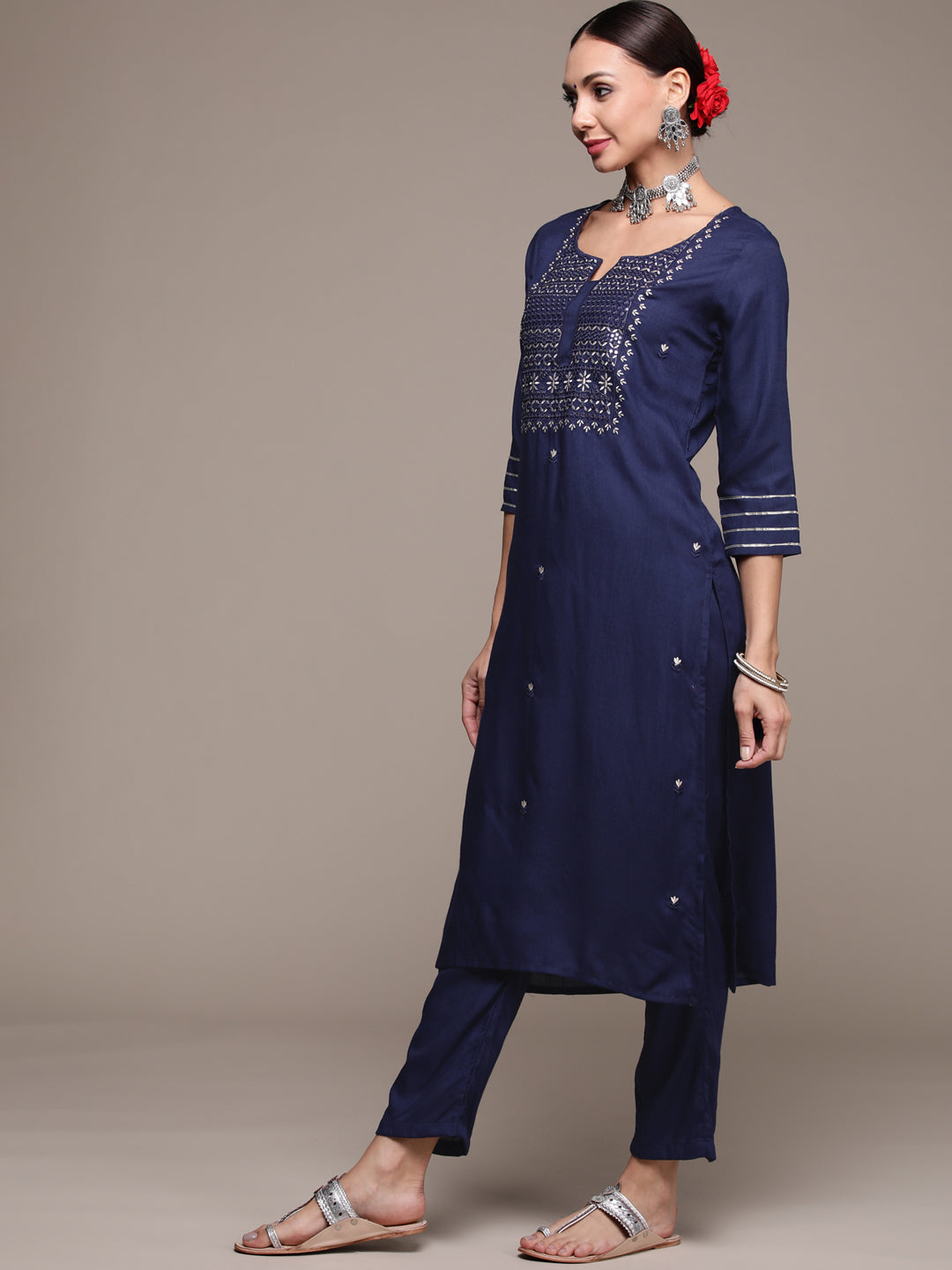 Women's Navy Blue Mirrorwork Embroidered Kurta Set with Trousers and Dupatta