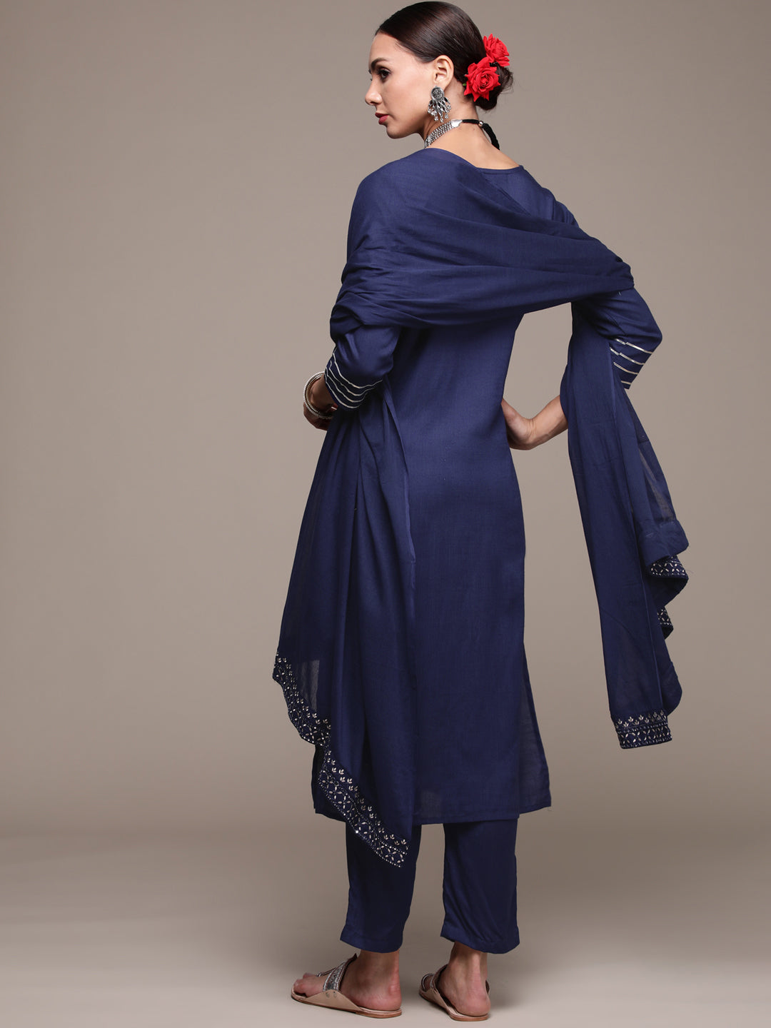 Women's Navy Blue Mirrorwork Embroidered Kurta Set with Trousers and Dupatta