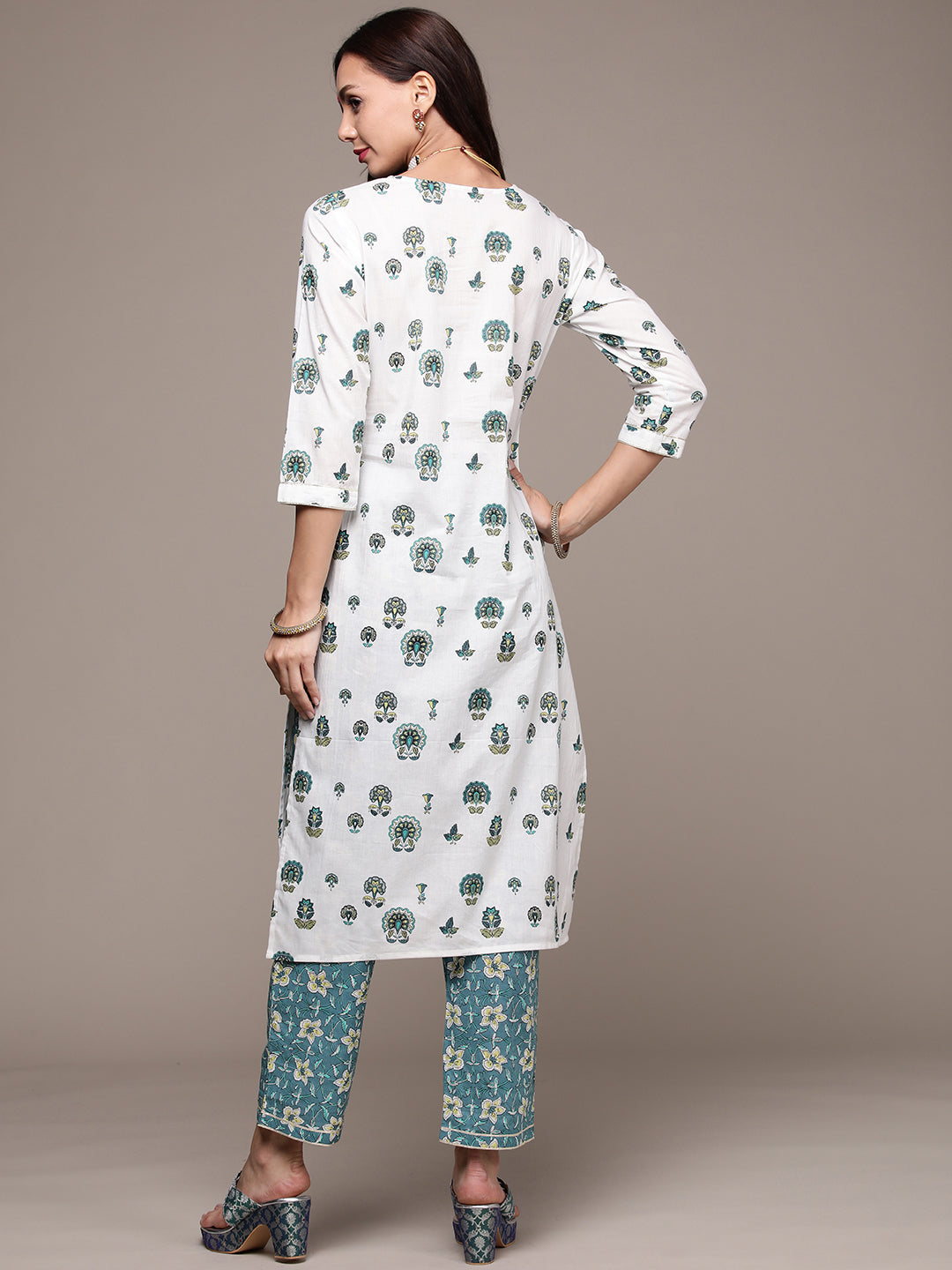 Women's Off white Embroidered Printed Kurta Set with Trousers