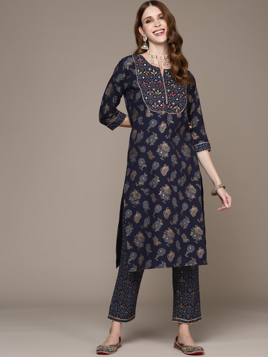 Women's Navy Blue Embroidered Gold Print Kurta Set with Trousers