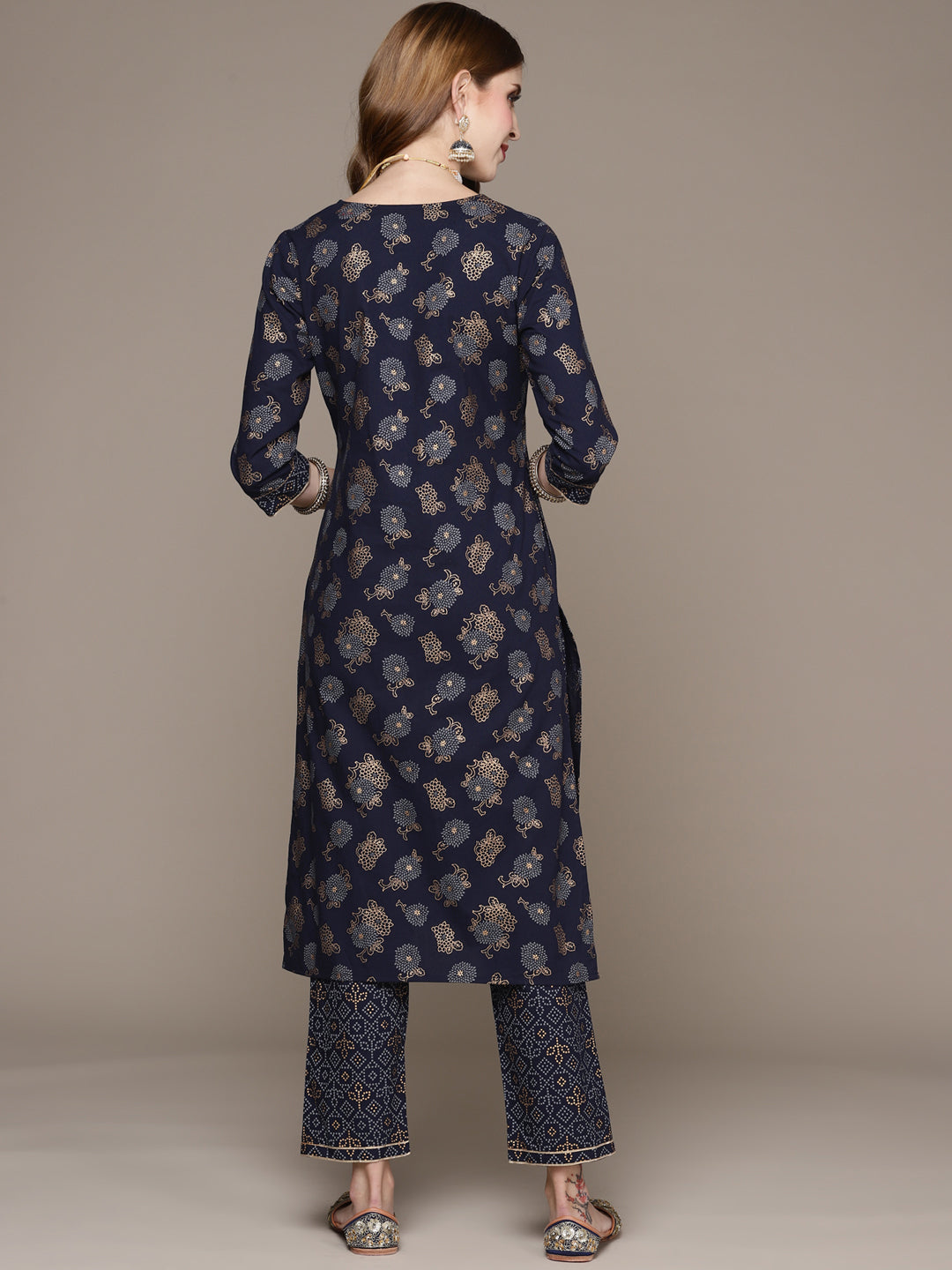 Women's Navy Blue Embroidered Gold Print Kurta Set with Trousers