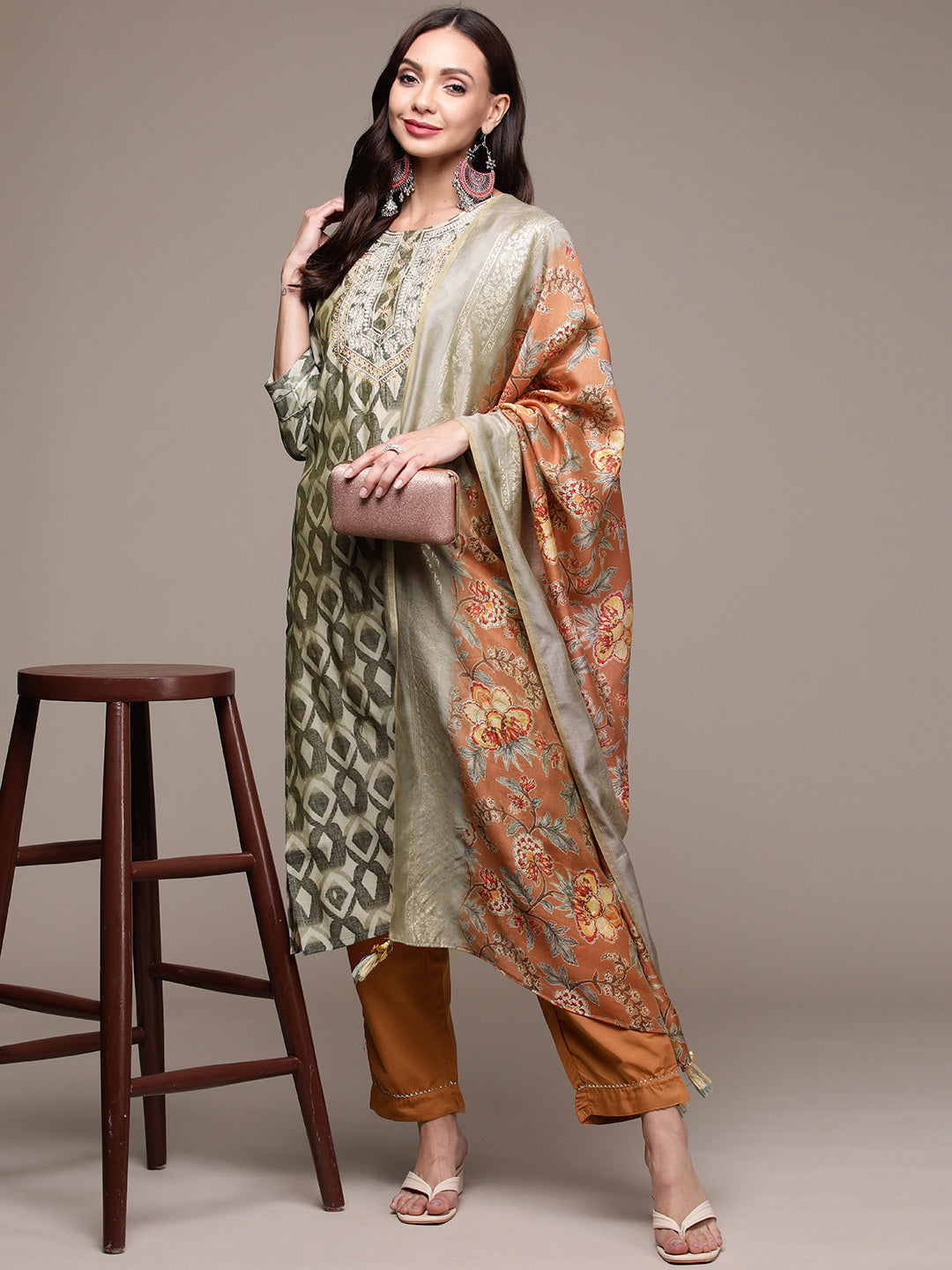 Women's Sage Green Embroidered Abstract Printed Kurta set with Trousers and Dupatta