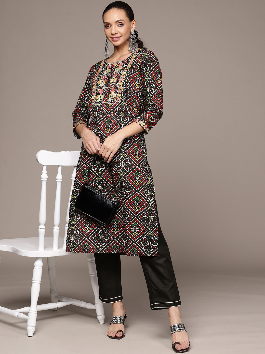 Women's Black Embroidered Bandhani Printed Kurta Set with Trousers