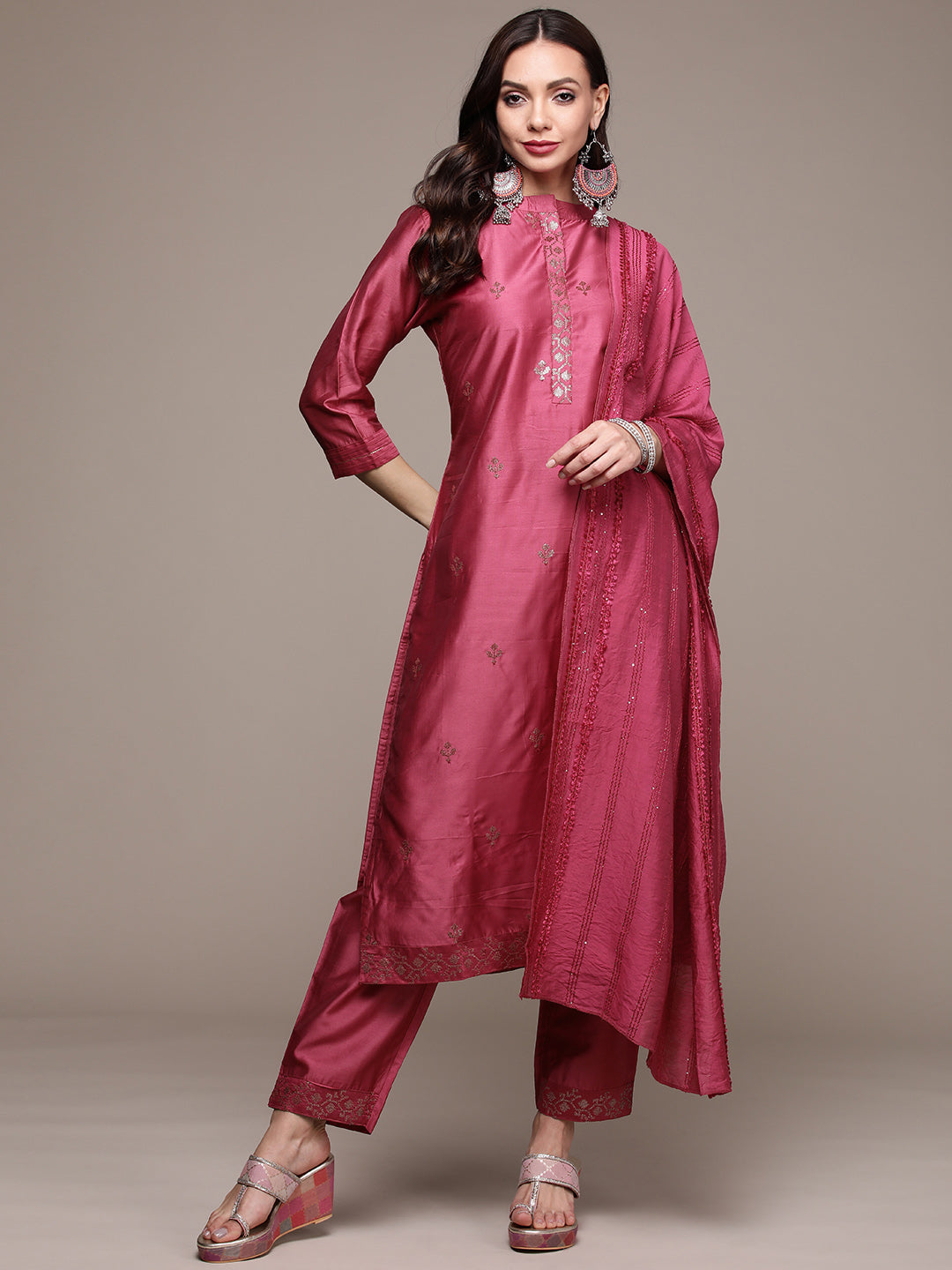 Women's Mauve Handwork Kurta Set with Trousers and Dupatta