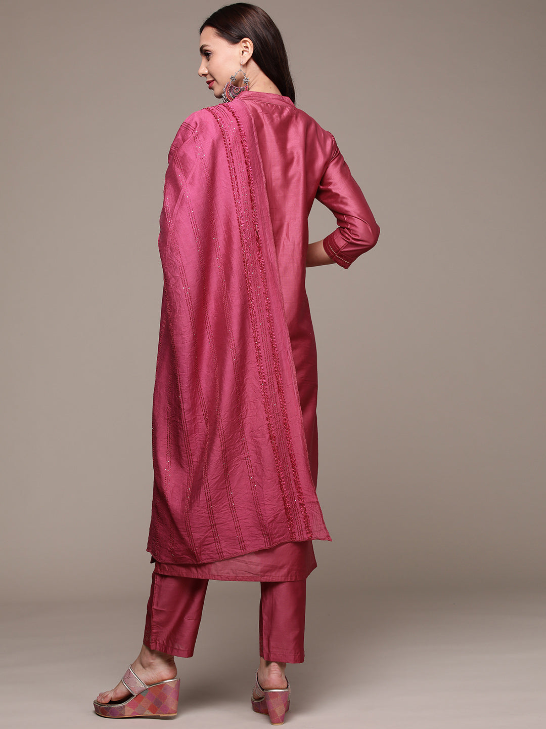 Women's Mauve Handwork Kurta Set with Trousers and Dupatta