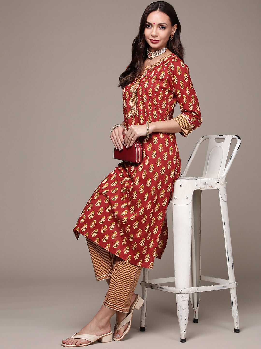 Women's Rust Mirrorwork Printed Kurta Set with Trousers