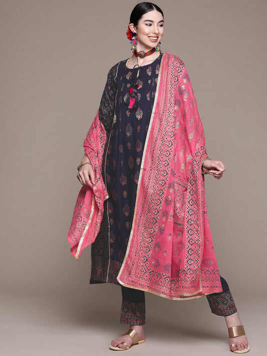 Women's Navy Blue Floral Thread Work Kurta with Palazzos & With Dupatta