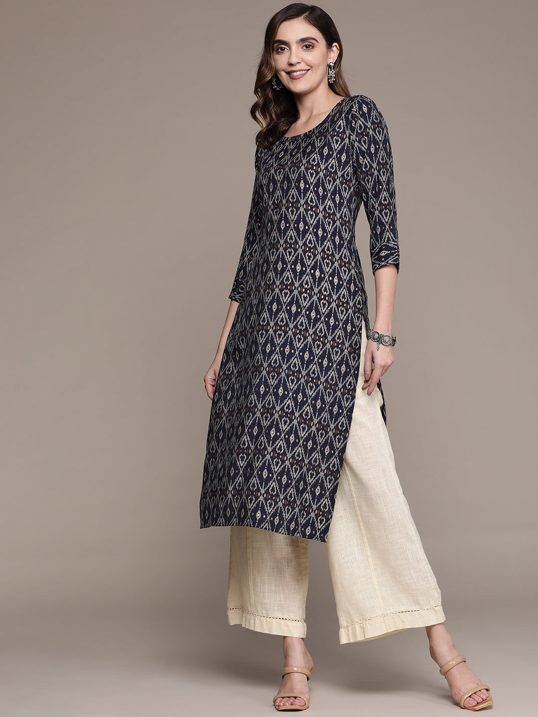 Navy Blue & Beige Ethnic Motifs Printed Straight Kurta