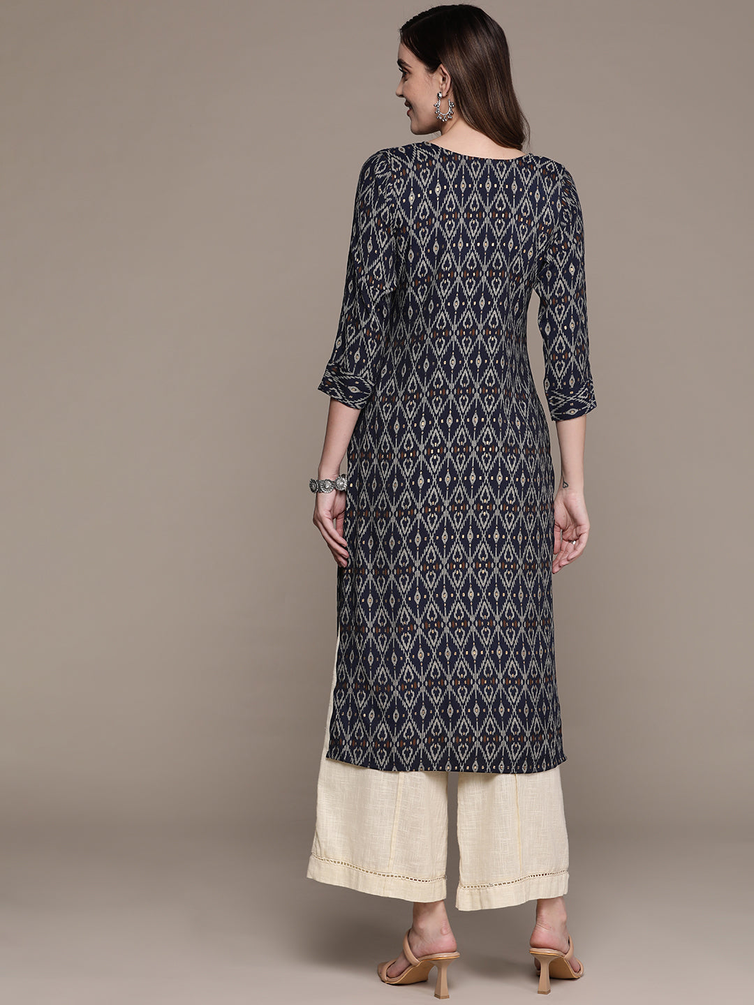 Navy Blue & Beige Ethnic Motifs Printed Straight Kurta