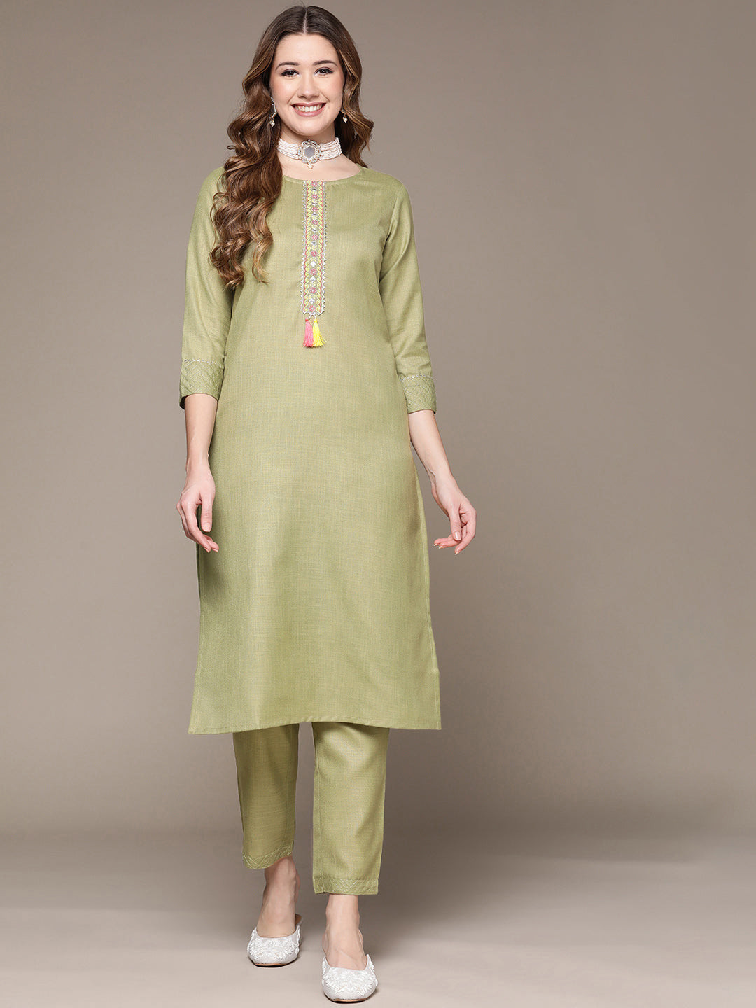 Anubhutee Women's Sage Green Embroidered Kurta Set with Trousers