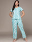 Women's's Cyan Floral Printed Pure Cotton Night Suit