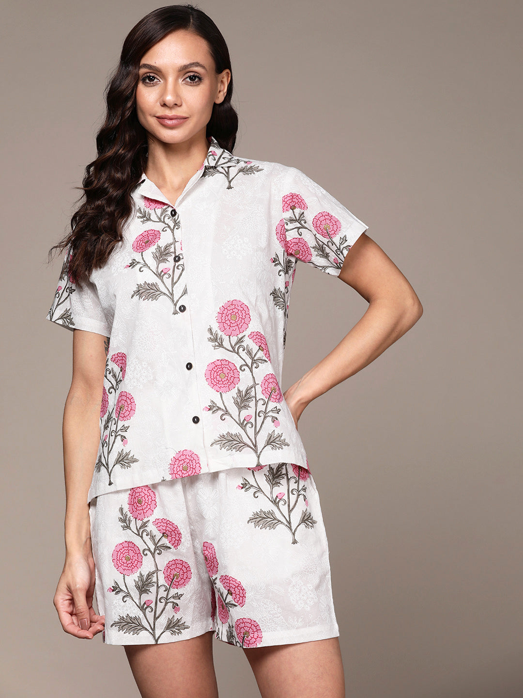 Women's's White Floral Printed Pure Cotton Night Suit