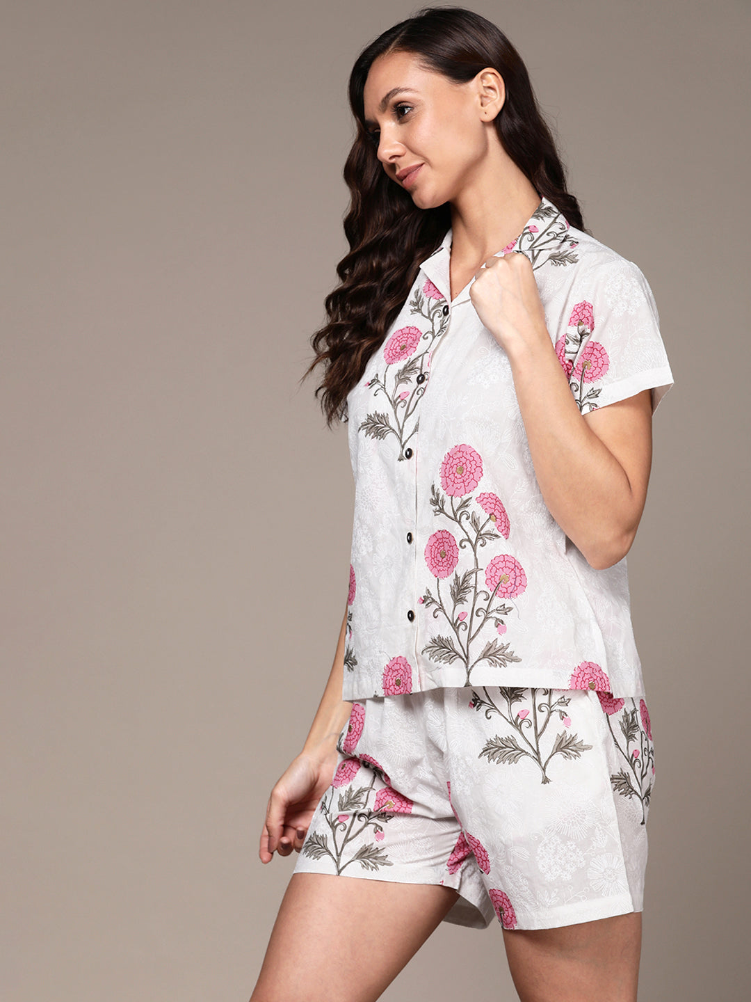 Women's's White Floral Printed Pure Cotton Night Suit