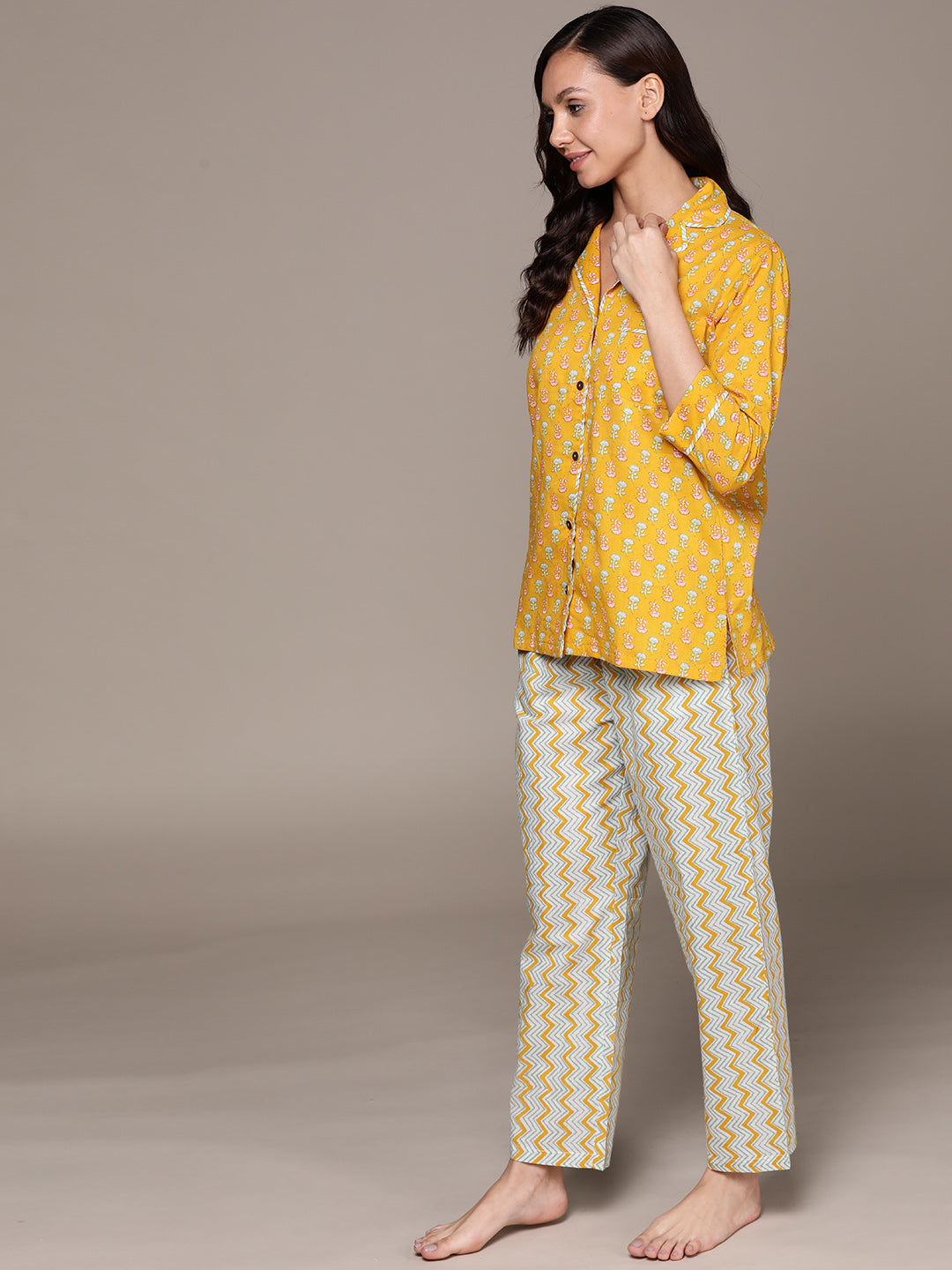 Women's's Mustard Floral Printed Pure Cotton Night Suit