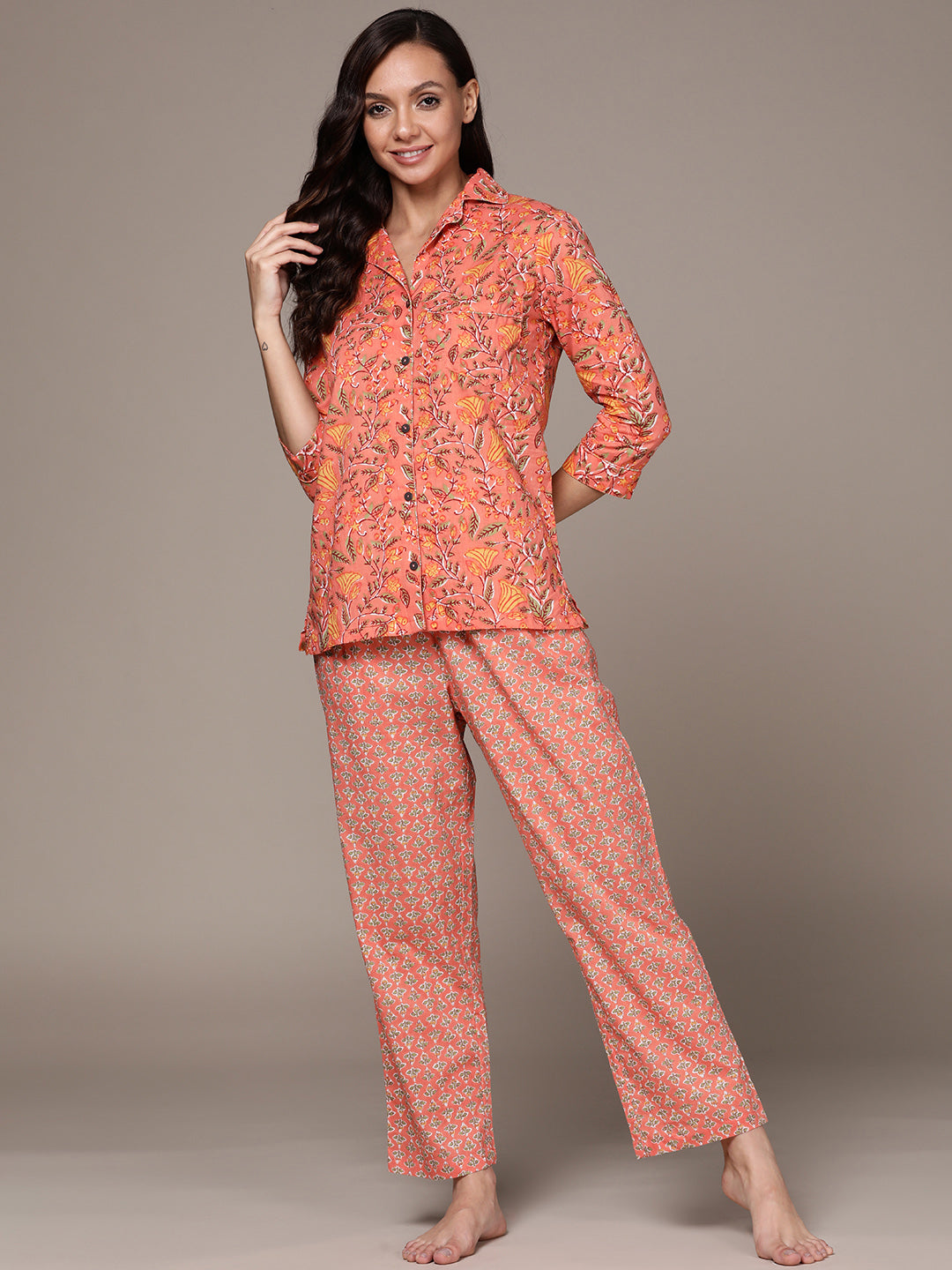 Women's's Coral Floral Printed Pure Cotton Night Suit