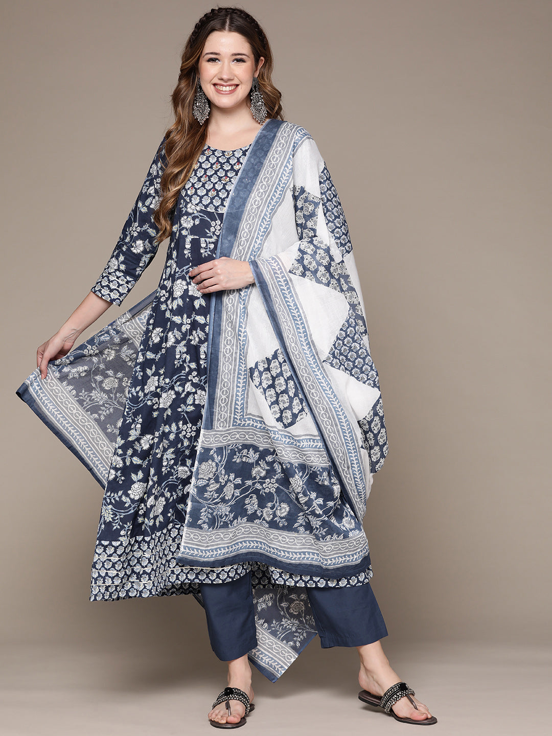 Anubhutee Women's Blue Sequinned Ethnic Print A-Line Kurta set with Trouser and Dupatta