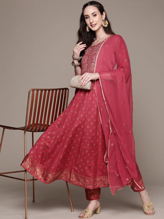 Women's Fuchsia Mirror Work Kurta with Trousers With Dupatta