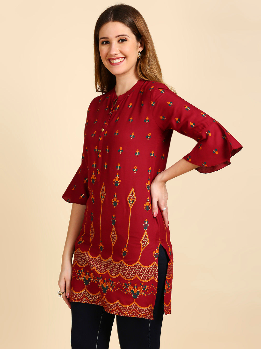 Women's Maroon & Golden Printed Straight Kurti