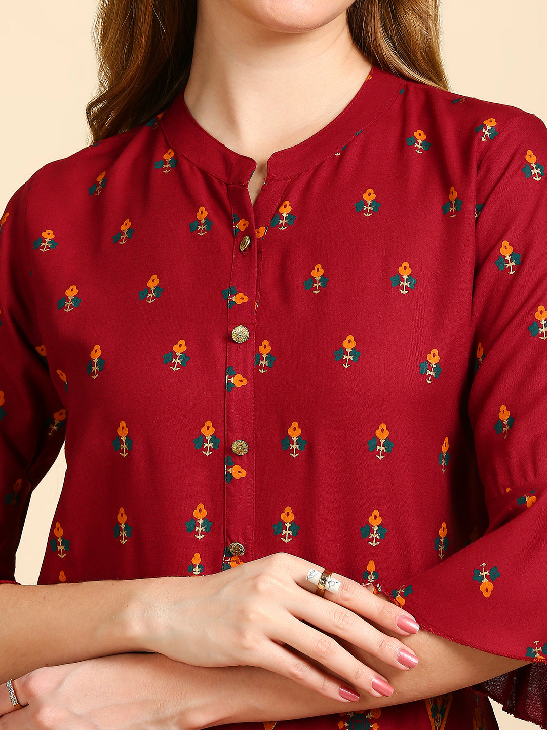 Women's Maroon & Golden Printed Straight Kurti