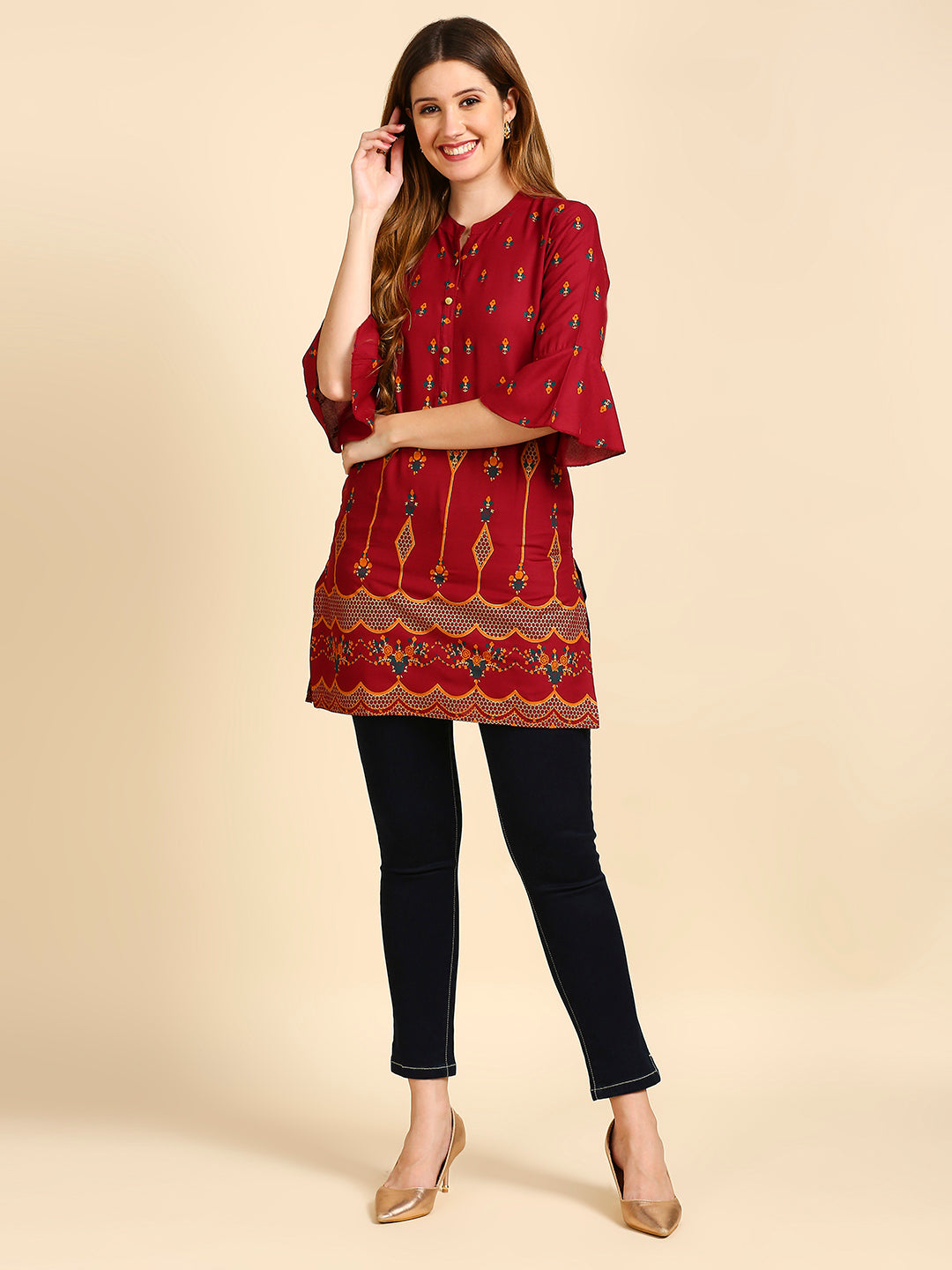 Women's Maroon & Golden Printed Straight Kurti