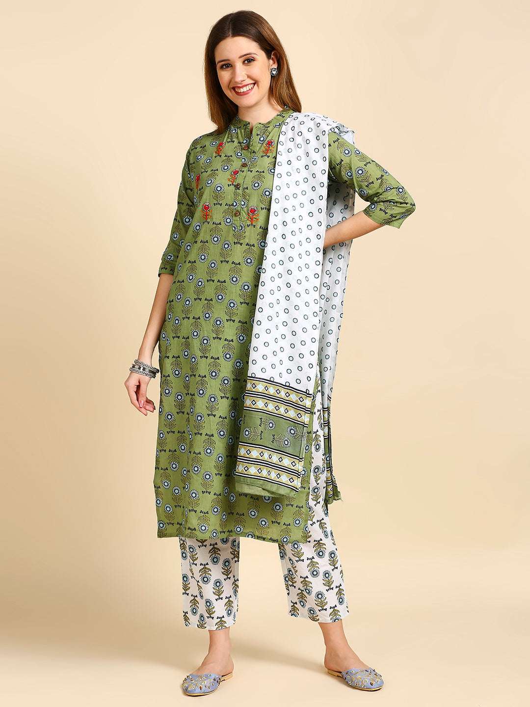 Women's Olive Green & White Printed Kurta with Trousers Dupatta