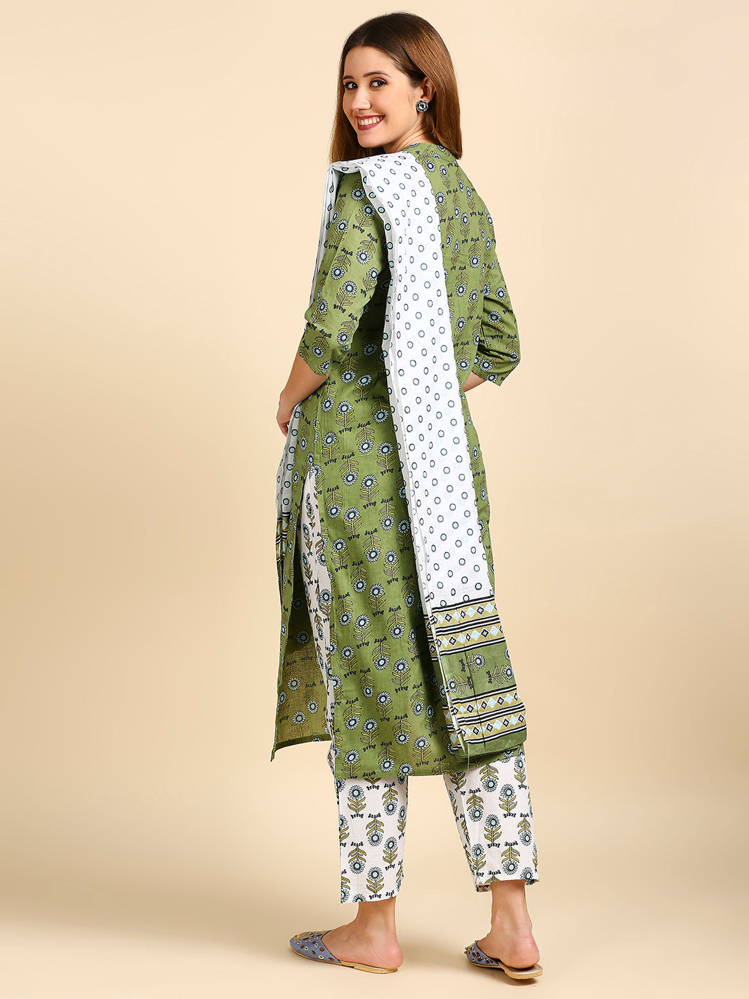 Women's Olive Green & White Printed Kurta with Trousers Dupatta