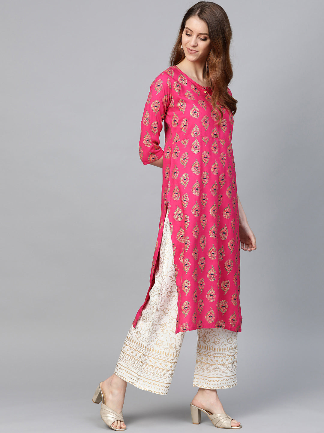 Women's Pink & Off-White Printed Kurta with Palazzos