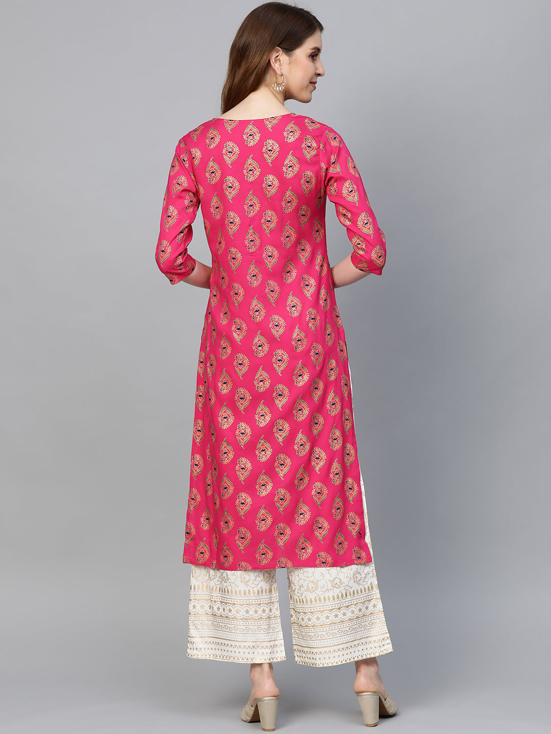 Women's Pink & Off-White Printed Kurta with Palazzos