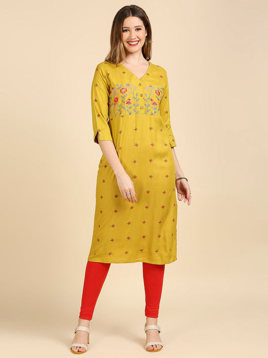 Women's Mustard Yellow Red Yoke Design Straight Kurta