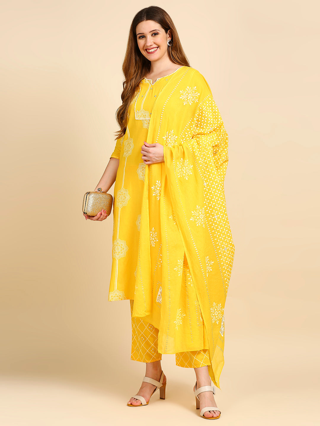 Women's Yellow Ethnic Motifs Printed Sequinned Pure Cotton Kurta with Trousers With Dupatta