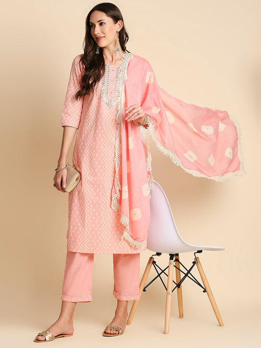 Women's Pink Bandhani Printed Thread Work Pure Cotton Kurta with Trousers With & Dupatta