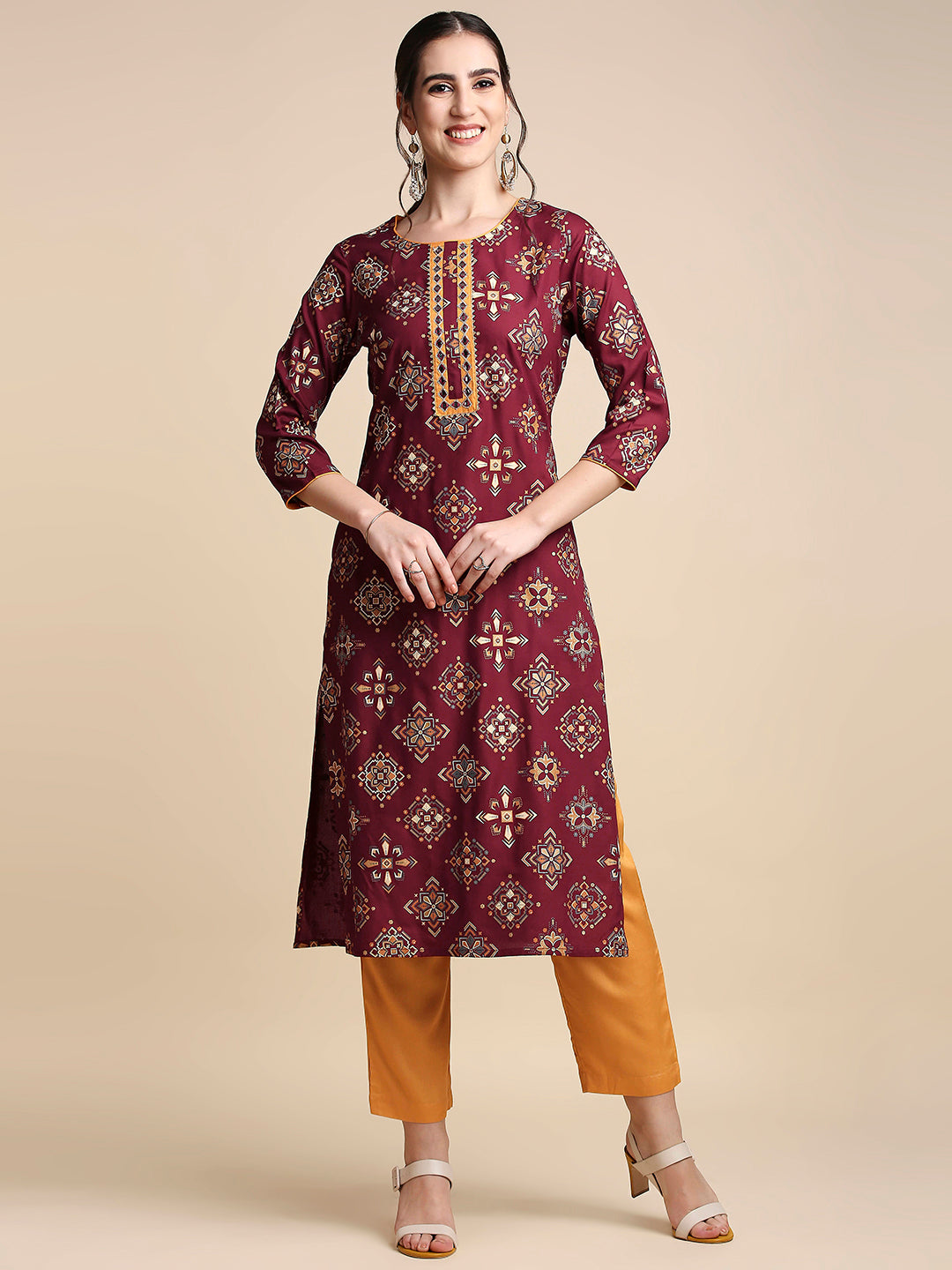 Women's Maroon Mustard Yellow Ethnic Motifs Printed Kurta with Trousers