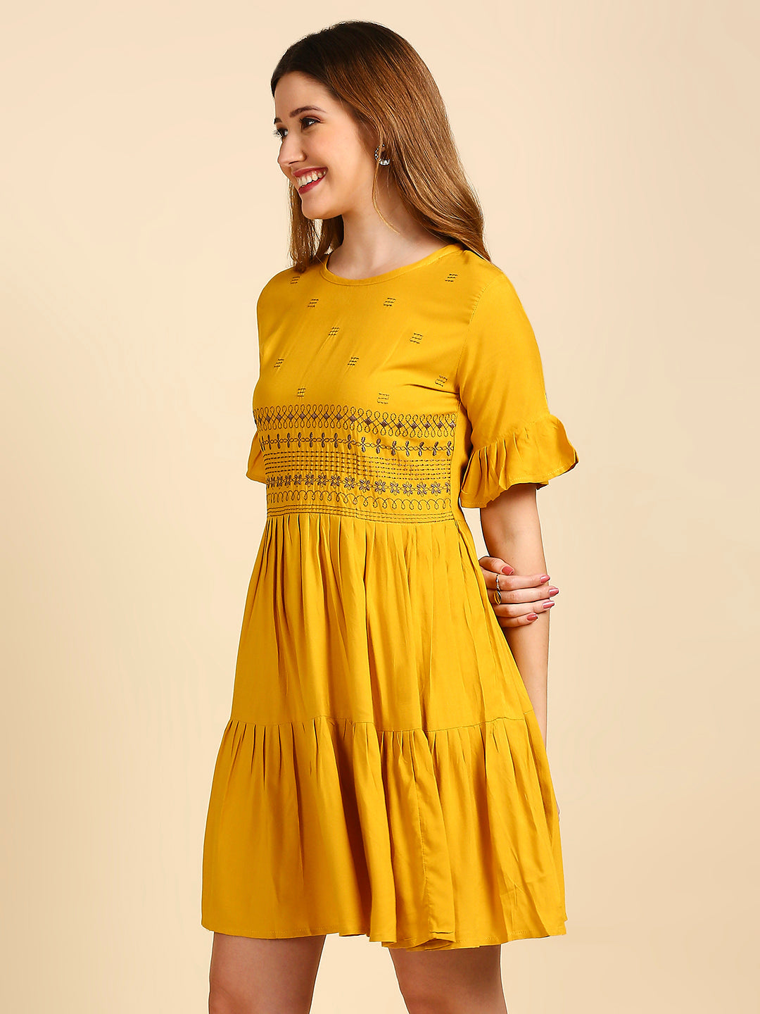 Women's's Yellow Floral Embroidered Dress