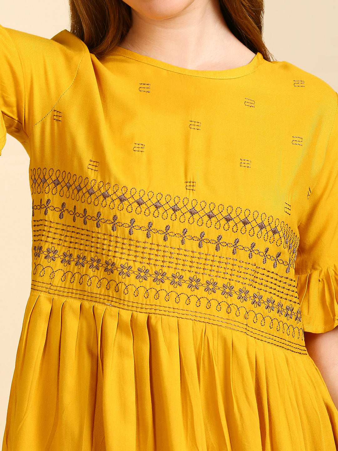 Women's's Yellow Floral Embroidered Dress