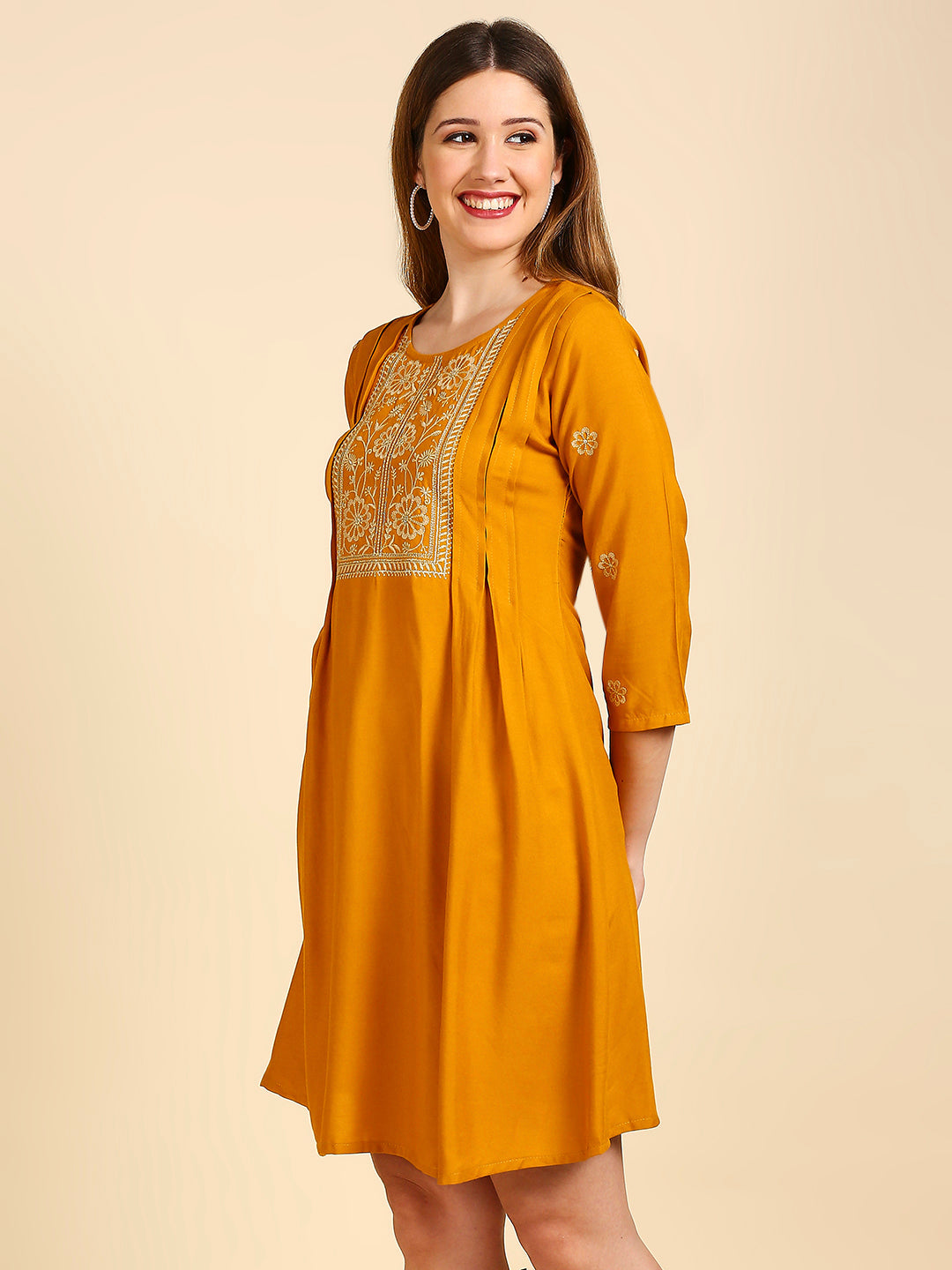 Women's's Mustard Yellow Ethnic Motifs Embroidered A-Line Dress