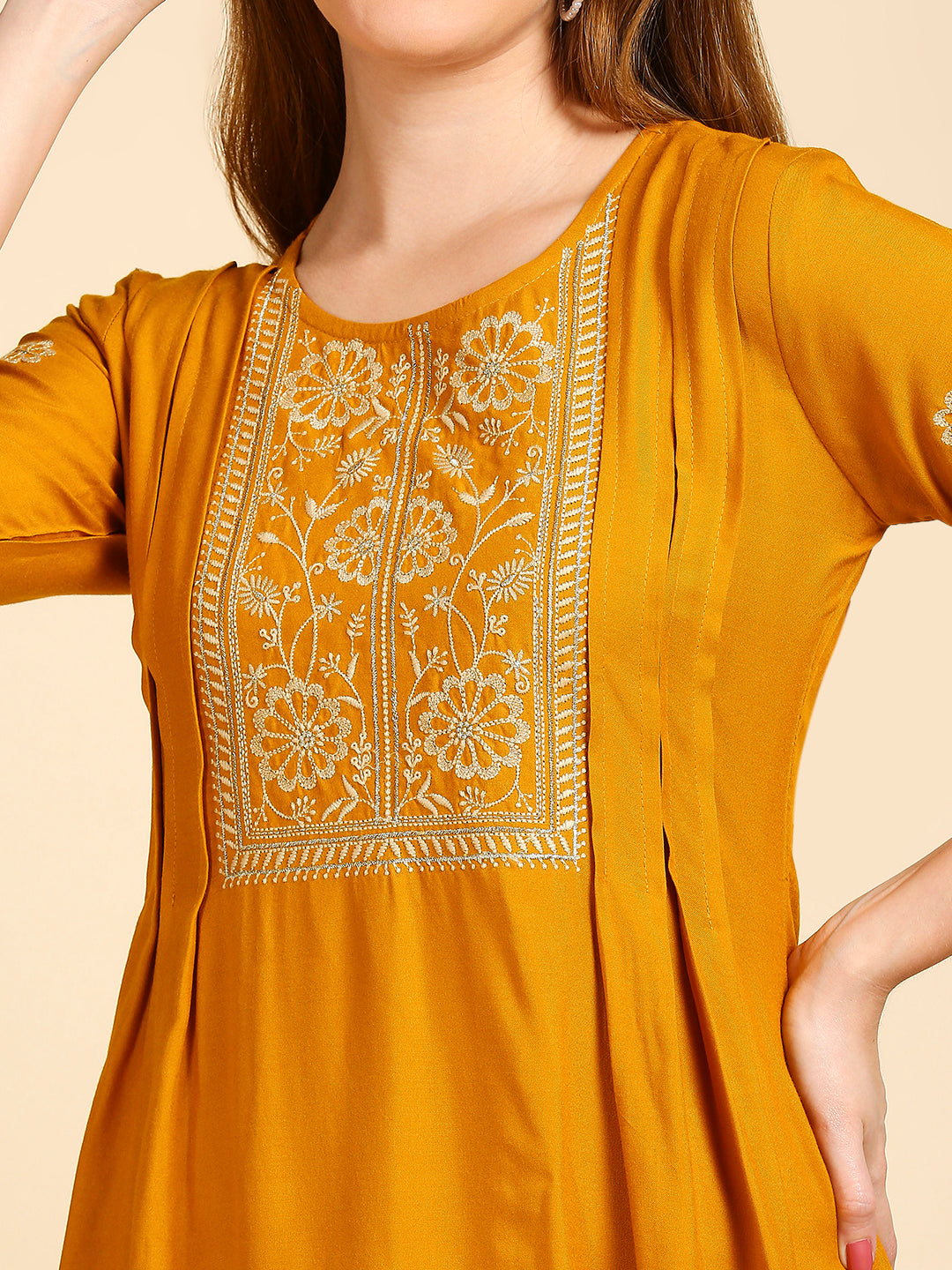 Women's's Mustard Yellow Ethnic Motifs Embroidered A-Line Dress