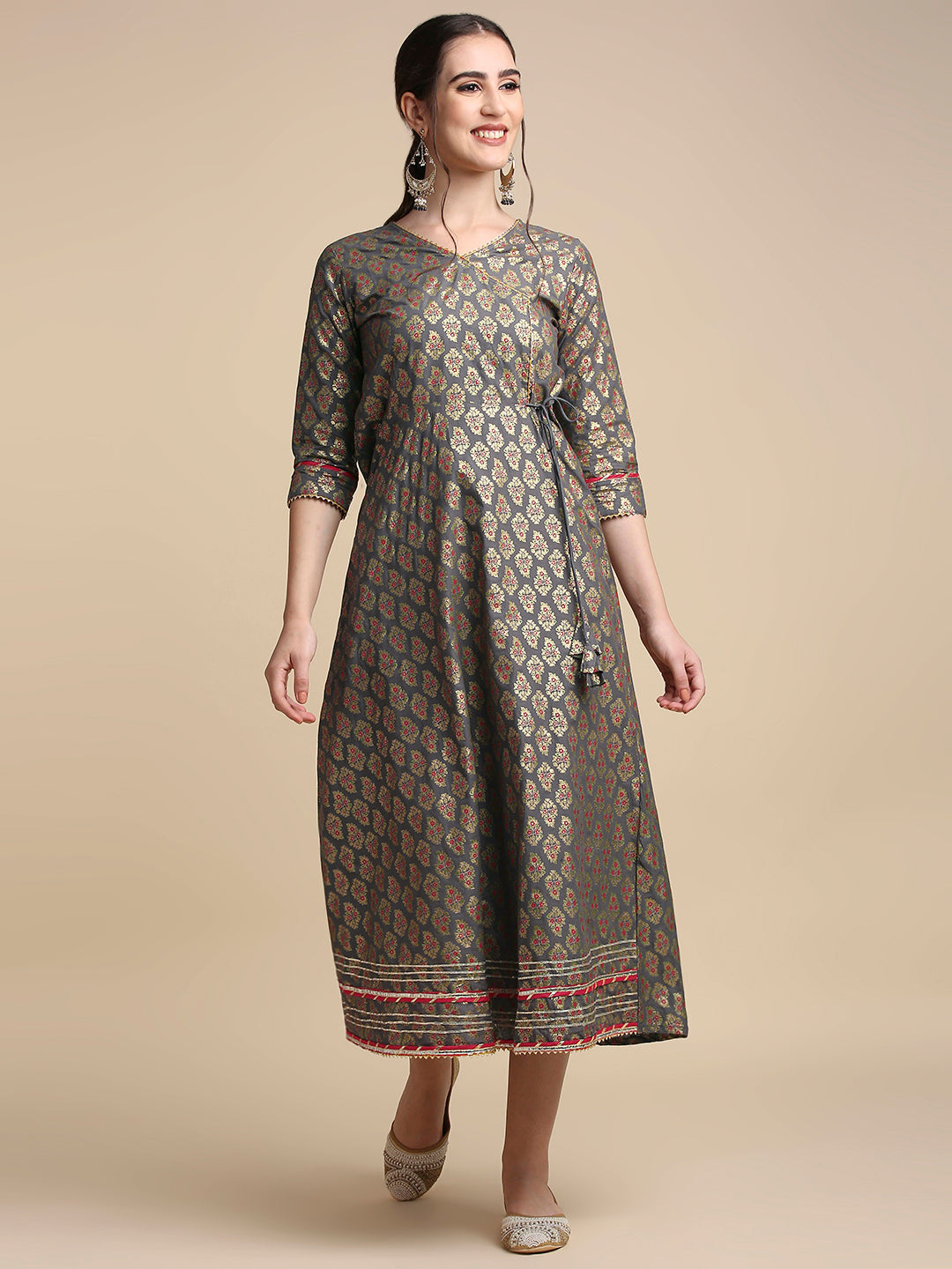 Women's's Grey Ethnic Motifs Ethnic A-Line Maxi Dress