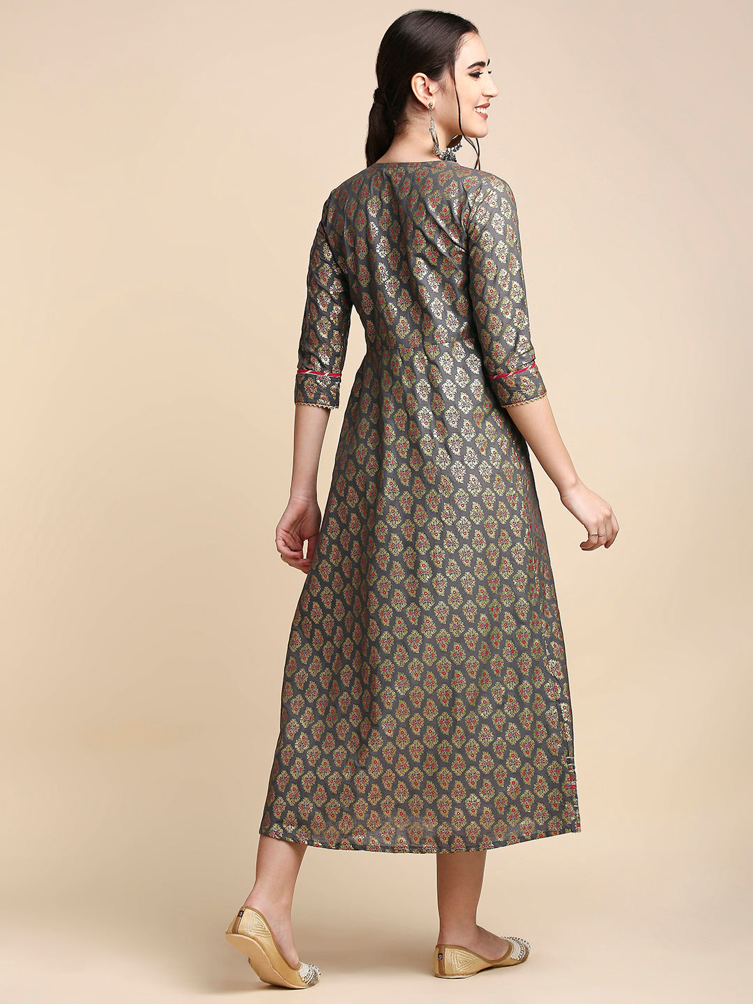 Women's's Grey Ethnic Motifs Ethnic A-Line Maxi Dress