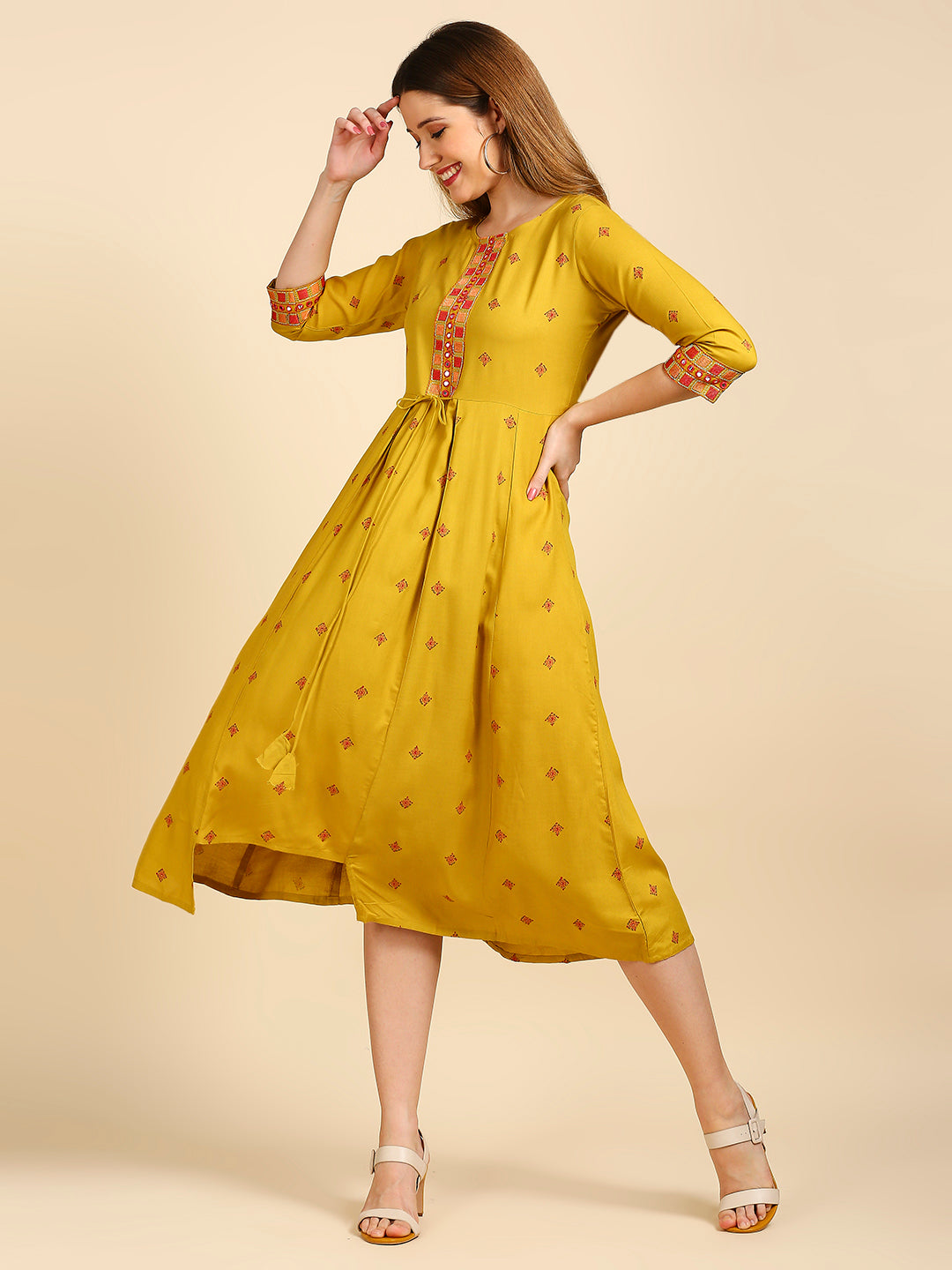 Women's's Mustard Yellow Ethnic Motifs A-Line Midi Dress