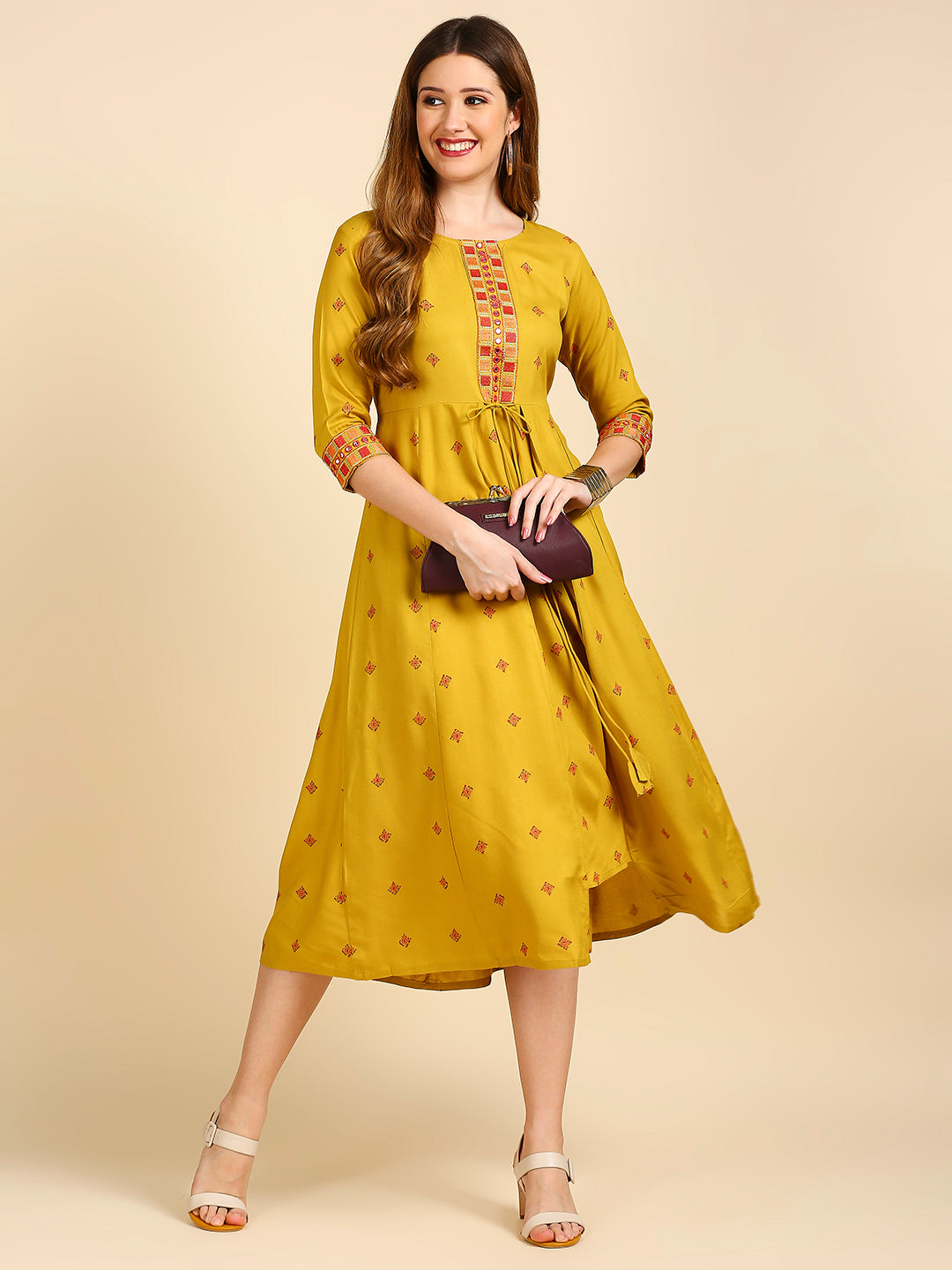 Women's's Mustard Yellow Ethnic Motifs A-Line Midi Dress