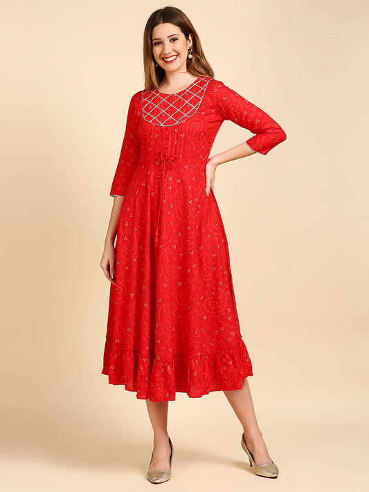 Women's's Red Ethnic Motifs Liva A-Line Midi Dress