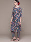 Women's Blue Floral Printed Pure Cotton Kurta with Trousers & With Dupatta