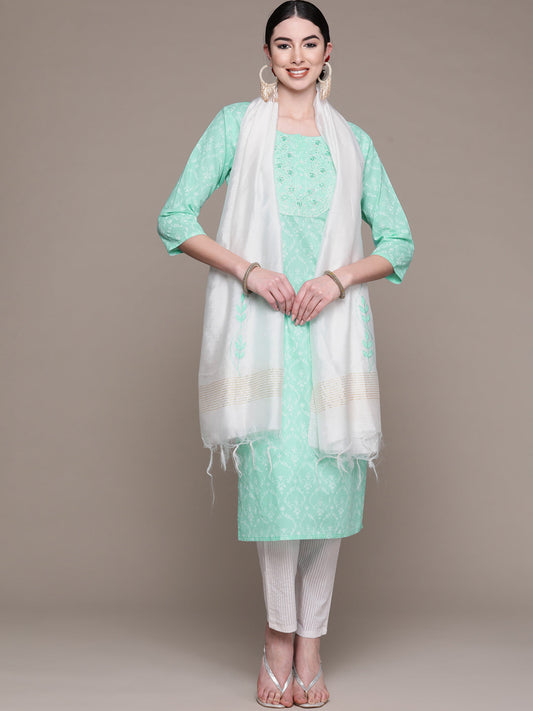 Women's Sea Green Printed Thread Work Pure Cotton Kurta with Trousers & Dupatta