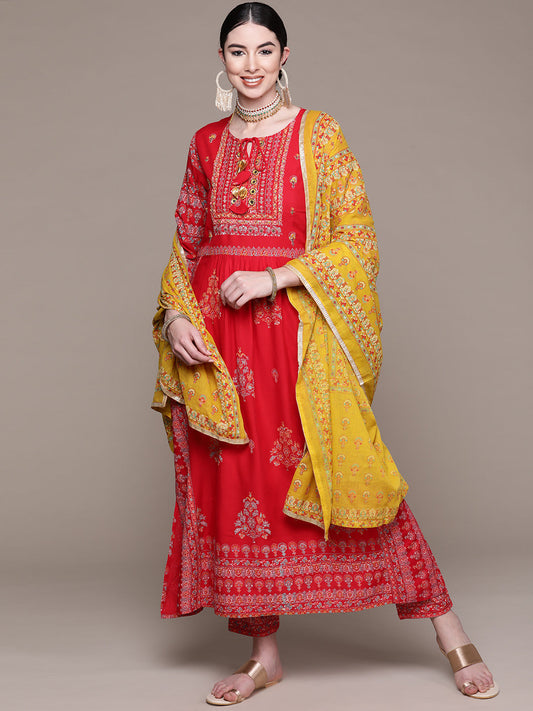 Women's Red Ethnic Motifs Printed Thread Work Kurta with Palazzos & With Dupatta