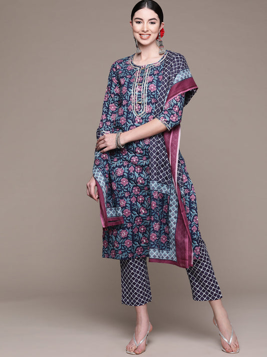 Women's Blue Ethnic Motifs Printed Pure Cotton Kurta with Trousers & Dupatta