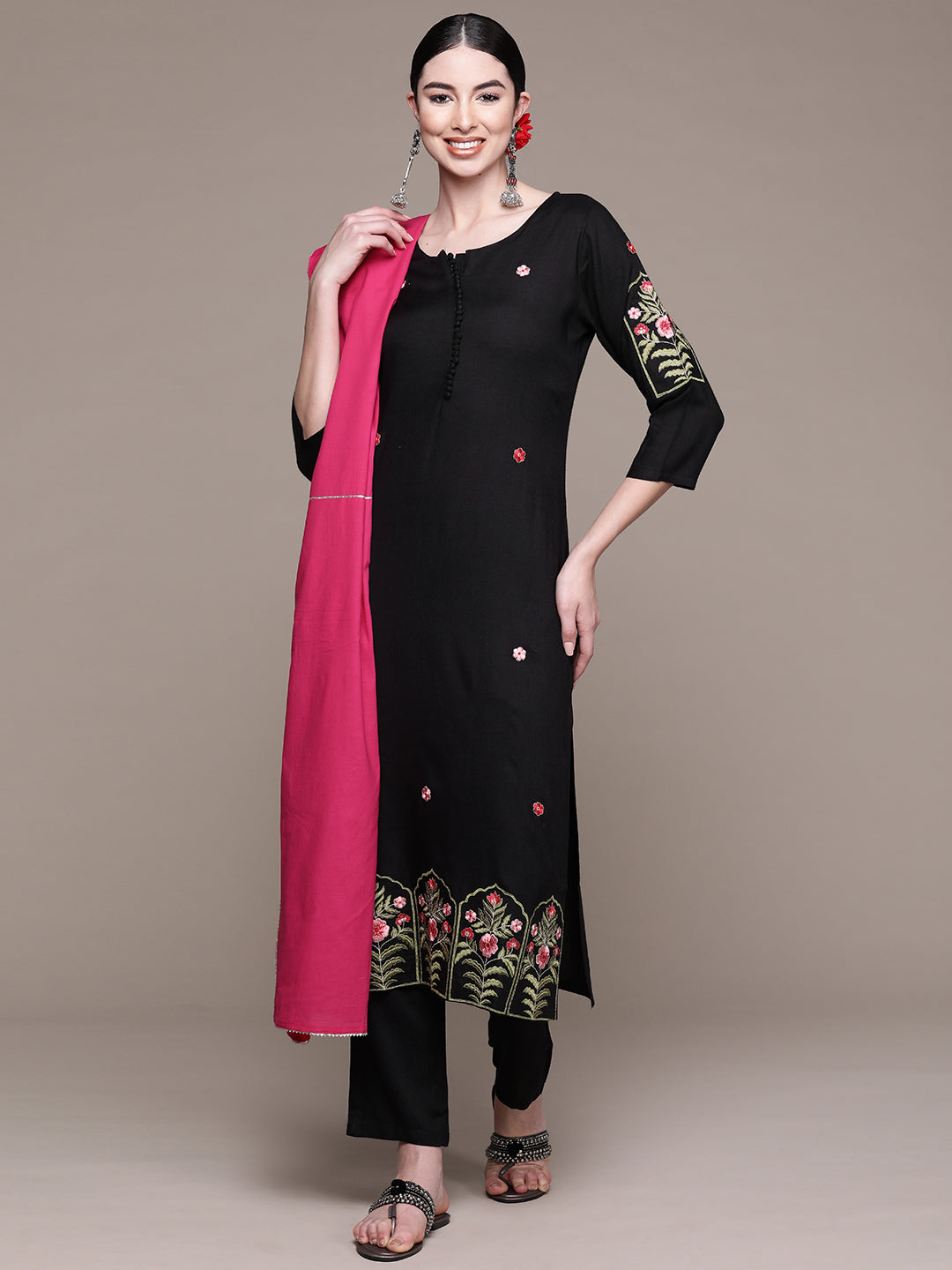 Women's Black & Pink Floral Thread Work Kurta with Trousers & With Dupatta